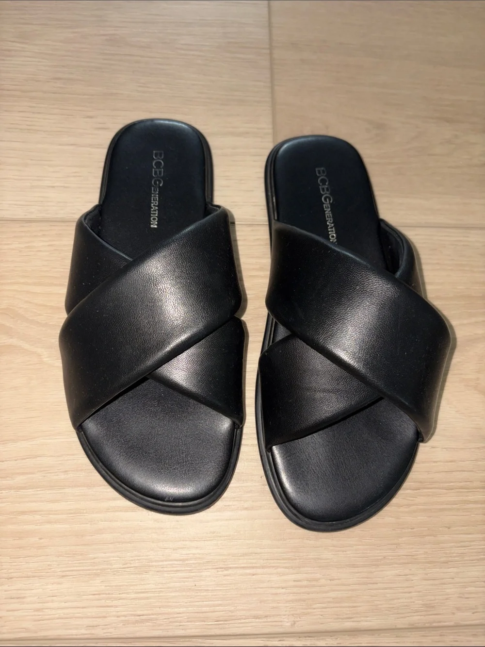 BCBGeneration Black Crisscross Slide Sandals